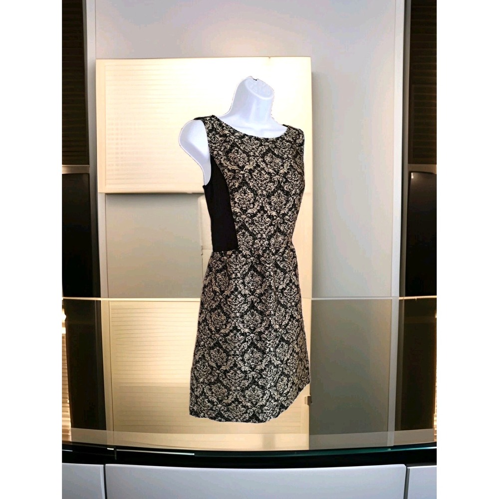 Ann Taylor Loft Sheath Dress 4 Black Gold Damask Jacquard Back Zip Cocktail NWT